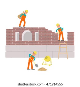 Builders construction working by manual tools, equipment at construction site Illustration cartoon construction characters Constructions isolated on white background. Construction design Vector eps10