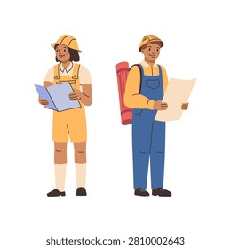 Builders or contractors, architects or designers on construction site. Vector isolated boy and girl cartoon characters wearing hardhats and looking at local plans. Children in professional costumes