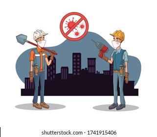 builders couple using face mask for covid19 vector illustration design