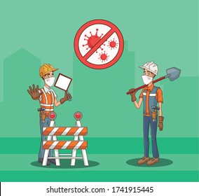 builders couple using face mask for covid19 vector illustration design