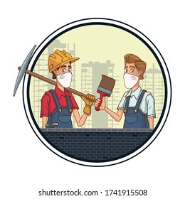 builders couple using face mask for covid19 vector illustration design