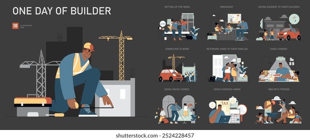 Builder's Daily Life set. From dawn preparations to family interactions and job site responsibilities. Urban construction, domestic routine, and social activities. Vector illustration.