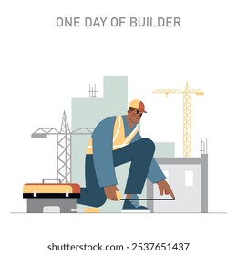 Builder's daily routine captured in a calm moment against an urban construction backdrop. Worksite reflection and professional pride. Vector illustration.