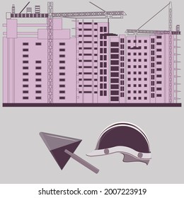 Día del Constructor. Construcción de edificios de altura, traviesa y sombrero duro - vector. Cartel. Cartel.