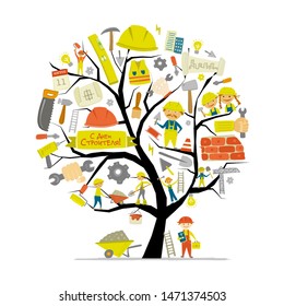 Builder's day. Greeting card with concept tree for your design