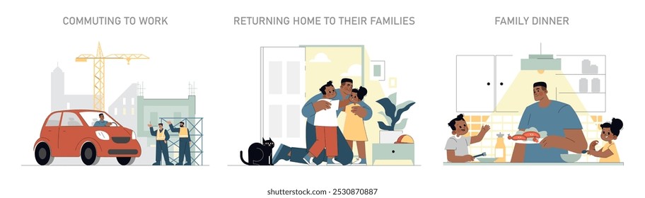 Builder's day set. Illustrates a construction worker's routine from commuting, returning home to family dinner. Urban life balance and family values. Vector illustration.