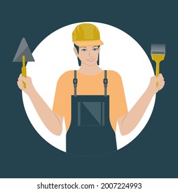 Día del Constructor. Trabajador en overalls, casco, palo, cepillo - vector. Cartel. Cartel.