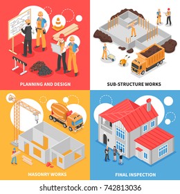 Builders design concept with compositions of construction equipment materials and transport with text and human characters vector illustration