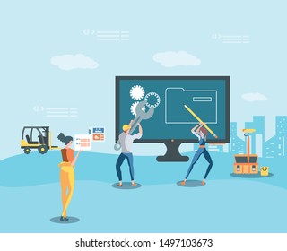 builders and desktop with webpage under cosntruction