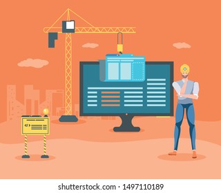 builders and desktop with webpage under cosntruction