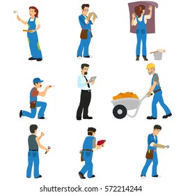 builders of different professions isolated on white background. vector illustration.