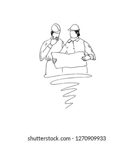 Builders discuss drawing. Vector illustration.