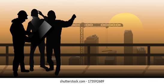 builders is discussed against the background of the city, builders silhouettes, builders discuss