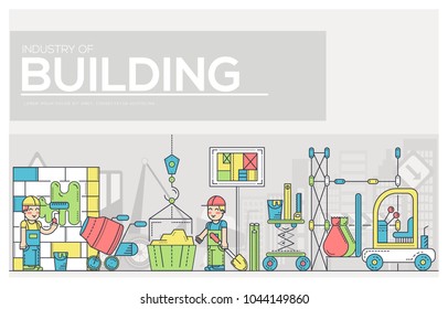 Builders doing labor job and working with heavy vehicles concept.  Flat workers on construction site vector  design illustration.