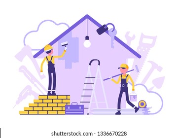 Builders doing repair of apartment, workers busy painting house wall. Men of professional services decorating cottage, restore home to good condition. Vector abstract illustration, faceless characters