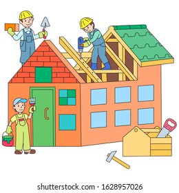 Builders doing repair of apartment, workers busy painting house wall. Men of professional services decorating cottage, restore home to good condition. Vector abstract illustration, characters