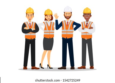 Builders dressed in protective vests and helmets. Construction worker character. Vector illustration.