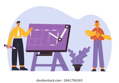 Builders, engineers, architects professional construction team workers concept. Man and female characters creating apartments plan. Employees at work discussing house project vector