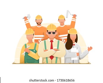 Builders and engineers background. Cartoon factory workers and business characters at construction. Vector illustration team management worker man and woman