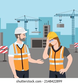 Builders and engineers background. Cartoon factory workers and business characters at construction. Vector illustration team management worker man and woman