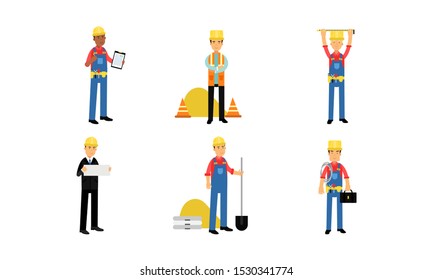 Builders And Engineers With Equipment In Different Actions Vector Illustration Set Isolated On White Background