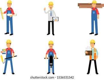 Builders Or Engineers With Equipment Vector Illustration Set Isolated On White Background