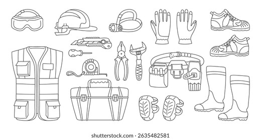 Builders equipment and clothing doodle vector set. Vest headlamp knee pads gloves belt, toolbox knife boots shoes helmet protective glasses pliers wrench. Building tools construction equipment service