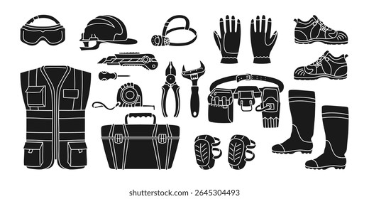 Builders equipment and clothing, silhouette set. Vest, headlamp and gloves belt, toolbox knife boots shoes helmet protective glasses pliers wrench. Building tools construction equipment service vector