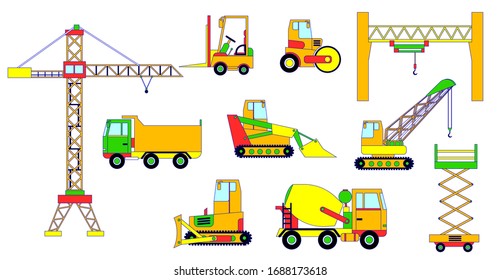Builders equipment, vector illustration, construction machinery. Special commercial vehicles for building isolated on white, flat style. Crane, excavator, truck, tractor, bulldozer and concrete mixer.
