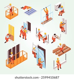 Builders and fitters Isometric illustration profession laborer foreman support