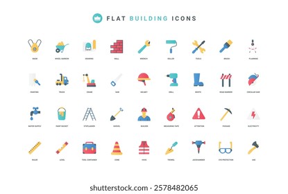 Builders gear and equipment, mechanic tool for brickwork and carpentry, toolbox for repair work color icon set. Construction crane and screwdriver, drill, wheelbarrow flat elements vector illustration