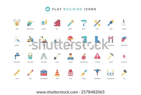 Builders gear and equipment, mechanic tool for brickwork and carpentry, toolbox for repair work color icon set. Construction crane and screwdriver, drill, wheelbarrow flat elements vector illustration