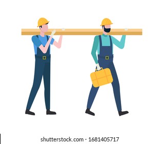 Builders going with wooden block, men workers holding log and tool, people in suit going with building equipments, teamwork engineers, professional vector