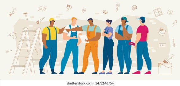 Builders Group, Construction Contractors Team, House Repair Service Workers Discussing Work Plan, Making Work Decision, Talking About Building or Apartment Drawings Details Flat Vector Illustration