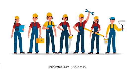 Builders group. Construction industry people team in helmet and uniform, contractor engineer, technician and builder, mechanic, male and female with tools saw, hammer and trowel vector characters