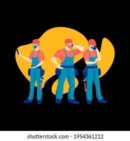 Generadores, ilustración de grupo. Trabajadores en overoles corren al rescate con un kit de primeros auxilios.Ilustración vectorial. Tema industrial. Episodio de la vida de los trabajadores. Carpinteros.