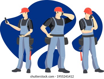 Builders, group illustration. Workers in overalls run to the rescue with a first aid kit.Vector illustration. Industrial theme. Episode from the life of workers. Carpenters.