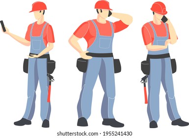 Builder, Gruppengrafik. Arbeitnehmer in Overalls laufen zur Rettung mit einem Verbandskasten.Vektorgrafik. Industriethema. Episode aus dem Leben der Arbeiter. Zimmerleute.