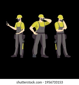 Builder, Gruppengrafik. Arbeitnehmer in Overalls laufen zur Rettung mit einem Verbandskasten.Vektorgrafik. Industriethema. Episode aus dem Leben der Arbeiter. Zimmerleute.