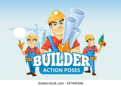 builders or handymans in helmet with construction drawings. Vector illustration set of cartoon characters with place for your text.