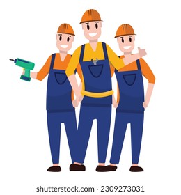 builders, handymen, repairmen in helmets. male builders dressed in work clothes, construction overalls stand in group.satisfied joyful builders. cartoon characters.