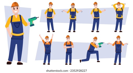 builders, handymen, repairmen in helmets. set of male builders dressed in work clothes, construction overalls. vector flat cartoon characters.