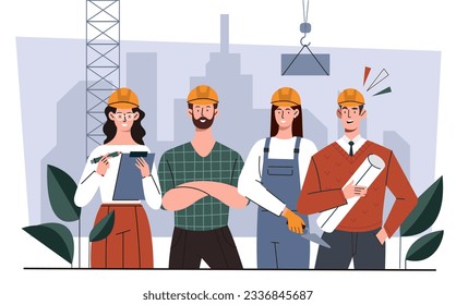 Constructores en el concepto de sombreros. Hombres y mujeres con planos y palas de construcción contra el fondo de los edificios. Equipo de arquitectos e ingenieros. Dibujo vectorial plano de dibujos animados