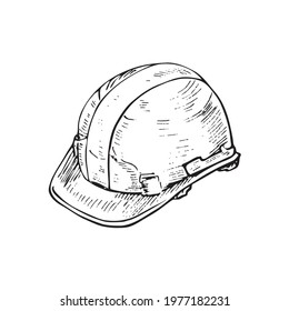 Builder's Helmet,  Gravure Style Ink Drawing Illustration Isolated On White