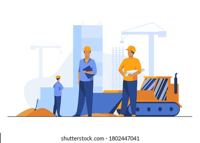 Builders in helmets working at construction site. Machine, building, worker flat vector illustration. Engineering and development concept for banner, website design or landing web page