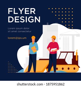 Builders in helmets working at construction site. Machine, building, worker flat vector illustration. Engineering and development concept for banner, website design or landing web page
