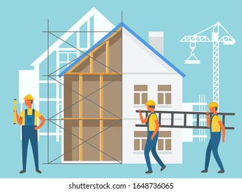 Builders holding stairs, building house, silhouette of crane and house, construction equipments. Men repairers, build indoor and outdoor view, team vector