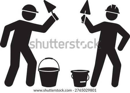 Builders icon with tools. Masonry worker silhouette.