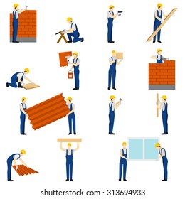 Builders icons set with work people silhouettes isolated vector illustration