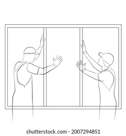 Builders install a window in the house line drawing on white isolated background
